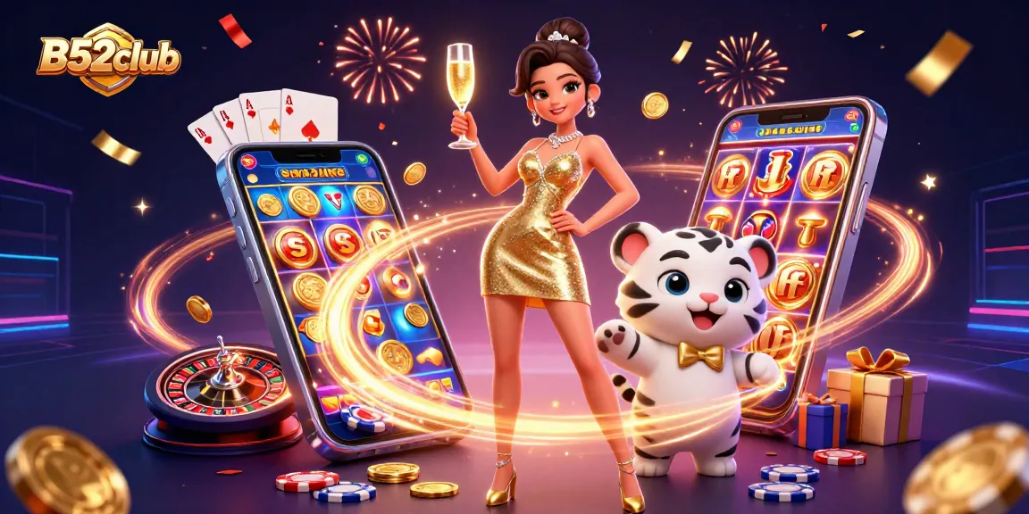 Experience the thrill of winning with B52club's vibrant casino scene featuring glamorous characters and dynamic gaming elements.
