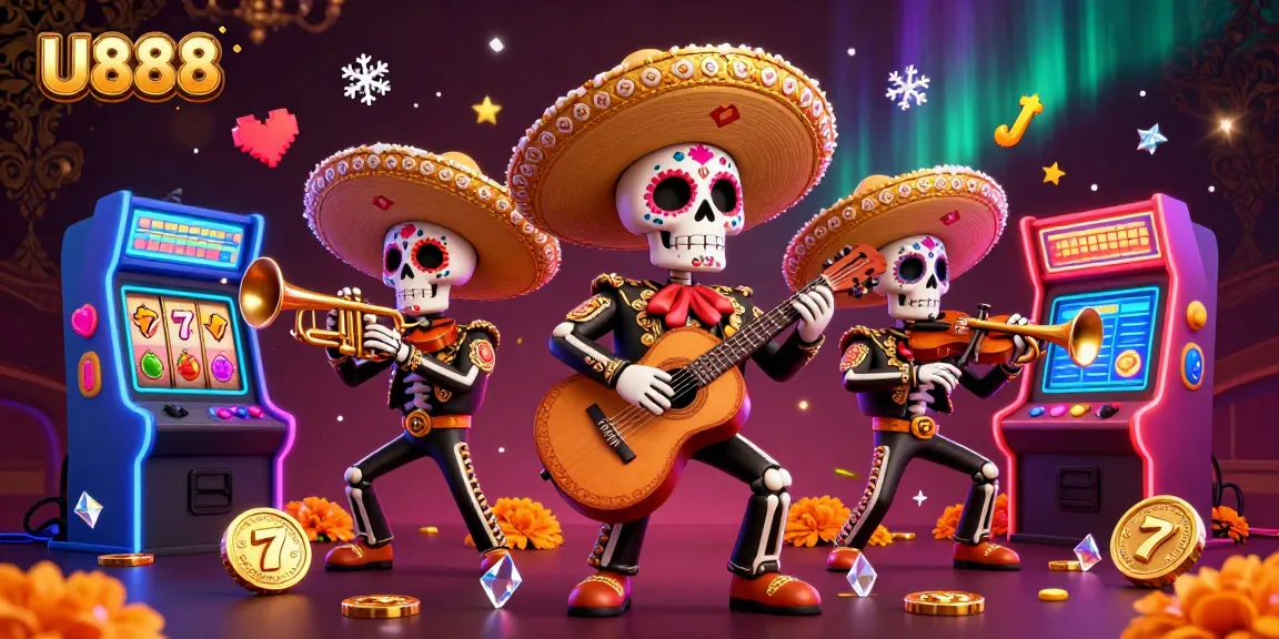 U888 slot machine celebration featuring vibrant Day of the Dead mariachi band members amidst exciting casino elements.