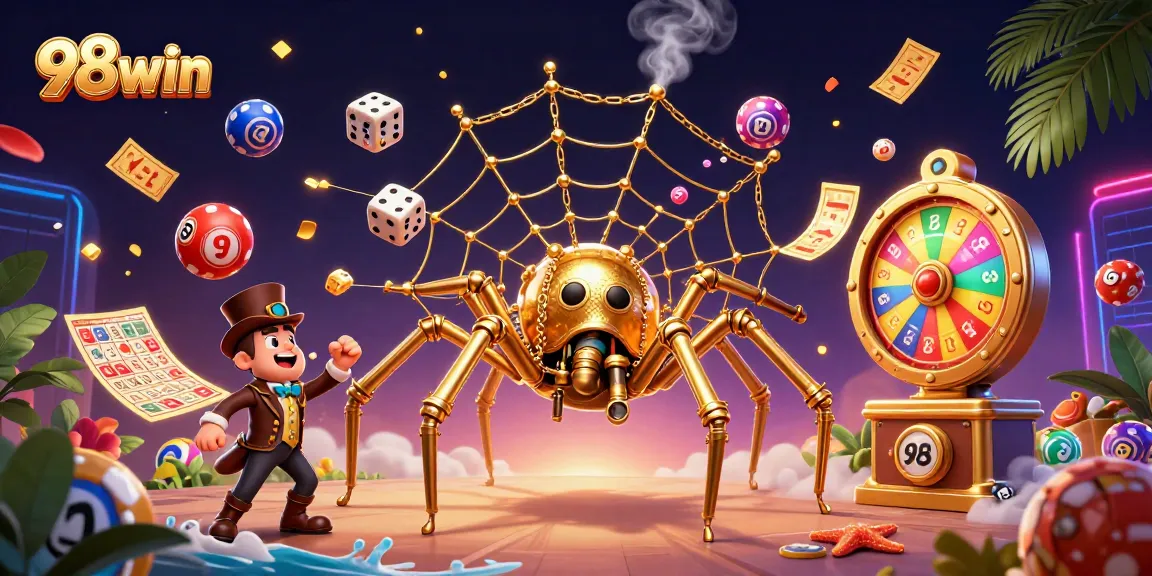 Experience the thrill of 98win casino with colorful lottery balls and golden spider web in a rich atmosphere.