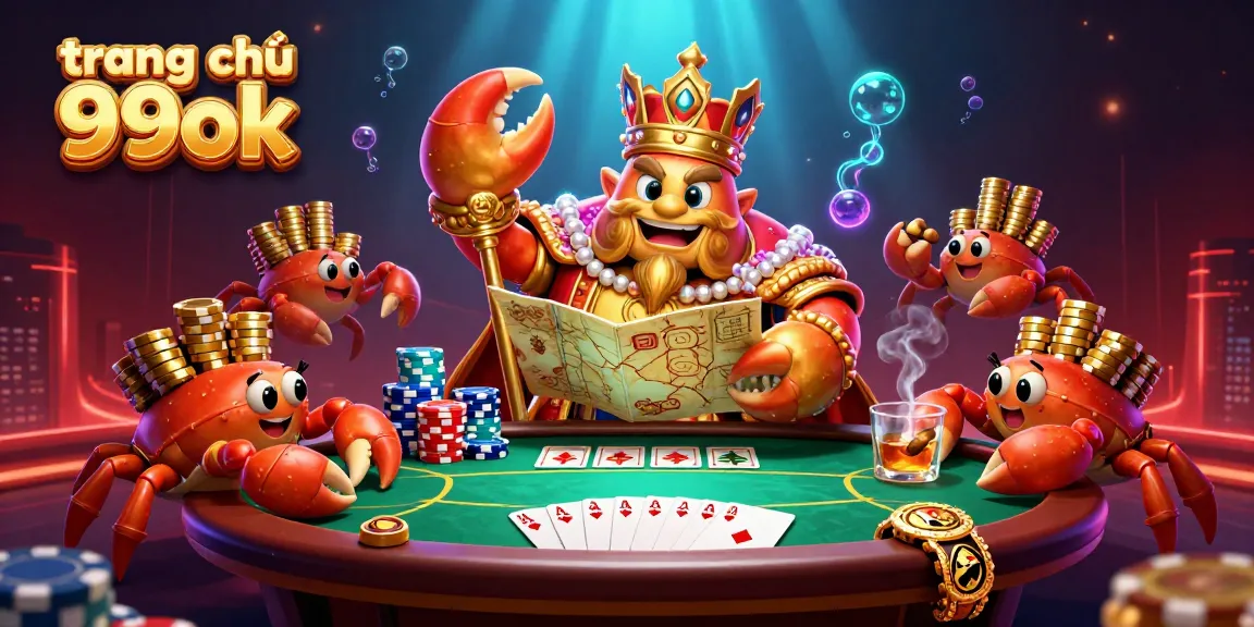 Engage in thrills at trang chủ 99ok with an illustrated scene of a golden crab emperor and poker elements.