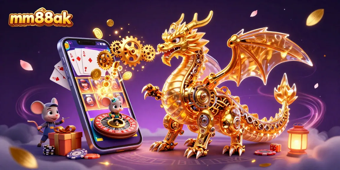 Experience the magic of mm88ak as the golden dragon breathes gears in this vibrant casino scene.