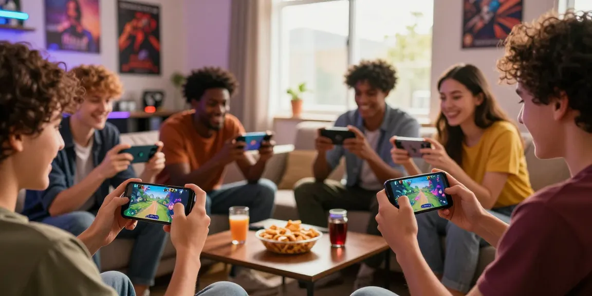 Friends excitedly gathered playing Alano Dt 5 app, embodying the spirit to play now in a vibrant, cozy gaming environment.