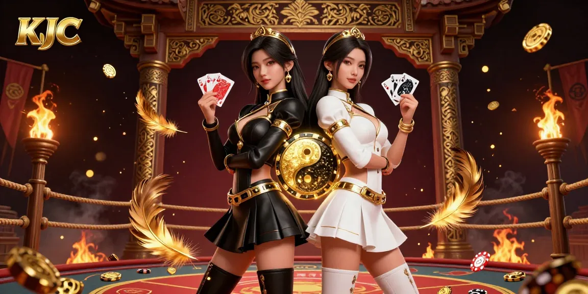 KJC showcases a powerful casino duo with stunning Asian women holding playing cards in an action-packed scene.