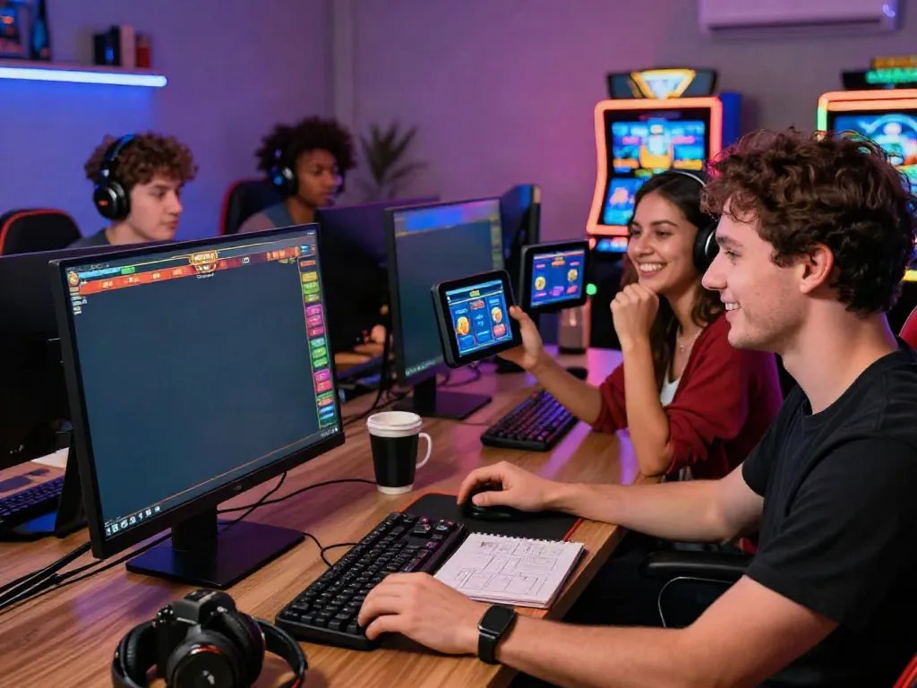 Players enjoying a judi slot game with vibrant graphics and an energetic atmosphere in a modern gaming setup.