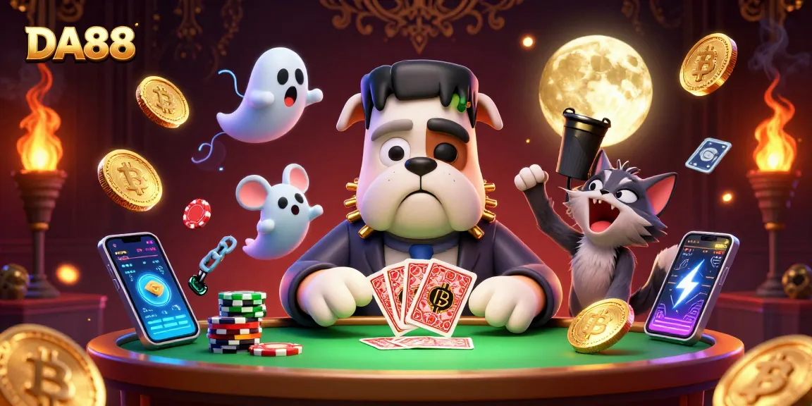 DA88 casino experience illustrated with cartoon characters and crypto elements for engaging gambling.