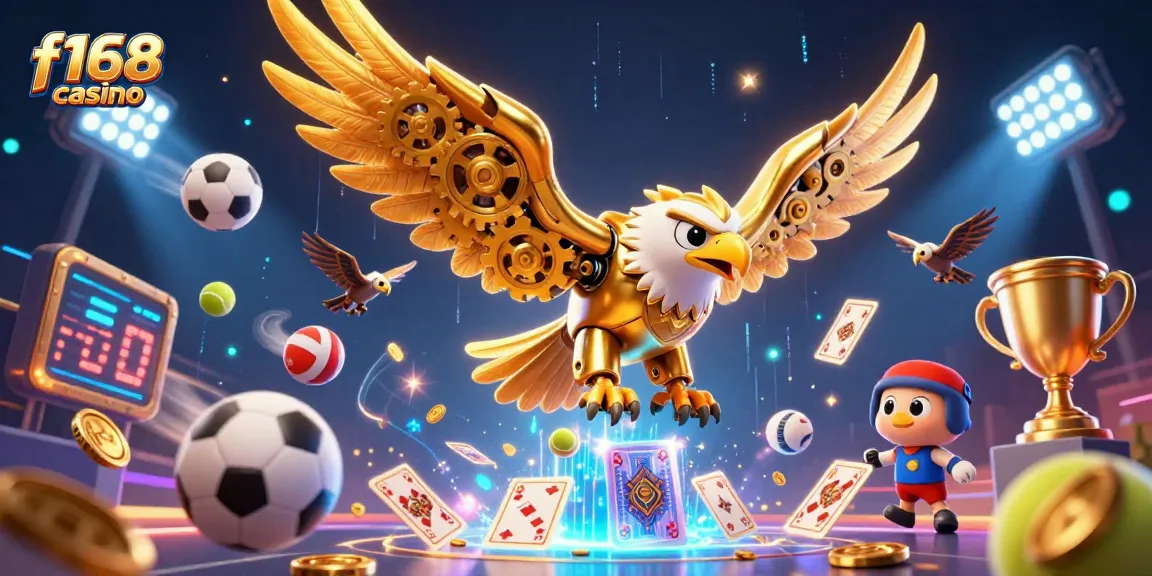 Experience excitement at f168 casino with a dynamic illustration featuring a cybernetic eagle amidst flying sports equipment and holographic cards.