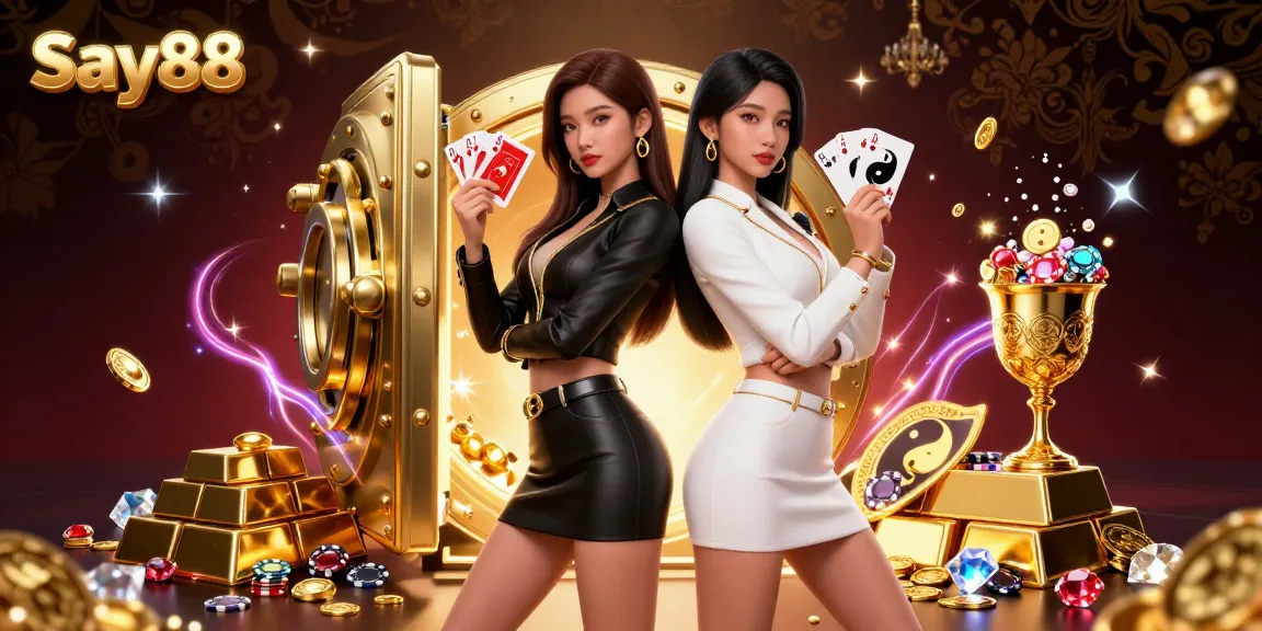 Experience the thrill of gaming with Say88's striking twin champions holding cards amidst treasures and casino charm.