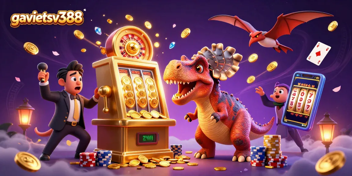 Experience thrilling wins at gavietsv388 as you watch a dinosaur headbutt a slot machine for jackpots!