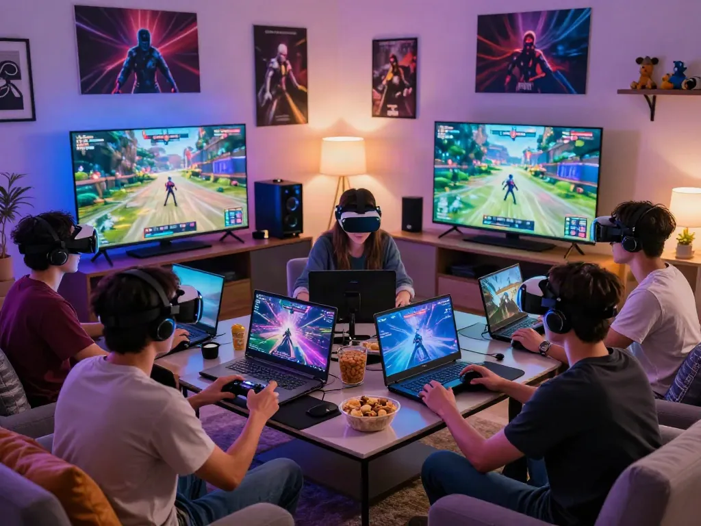 Exciting online gaming gathering showcasing akunjp gaming friends enjoying their devices in a cozy living room.