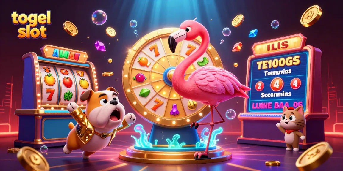 Engage with togel slot game excitement in this vibrant casino scene filled with jackpot reels and animated characters.