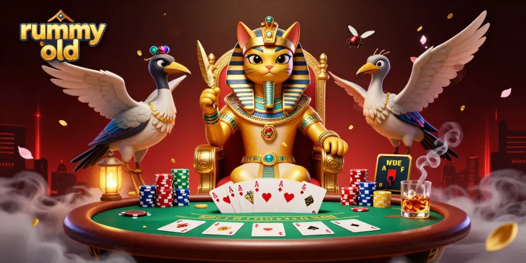 Permainan rummy old lengkap dengan karakter raja Mesir dan elemen kasino yang menarik.