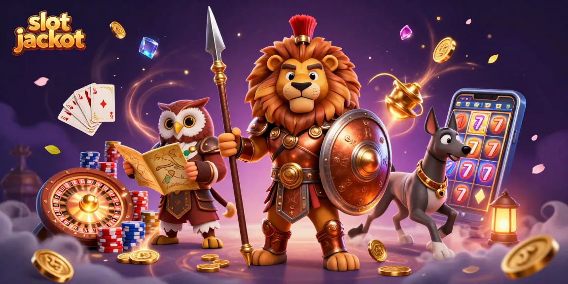 Slot jackpot meriah dengan karakter 3D, koin emas, dan elemen permainan kasino yang dinamis.