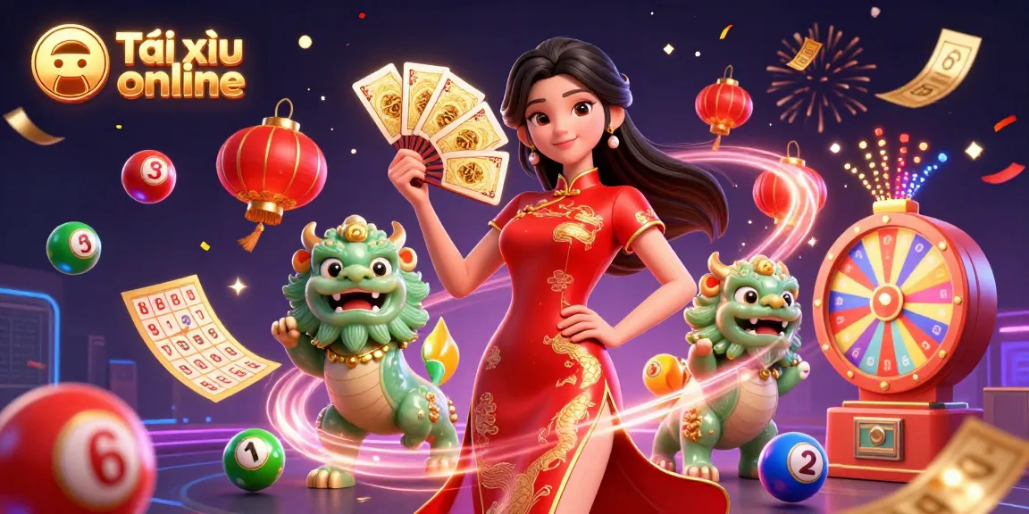 Engage in Tài xỉu online excitement with an elegant woman in crimson qipao, colorful gaming elements, and celebratory effects.