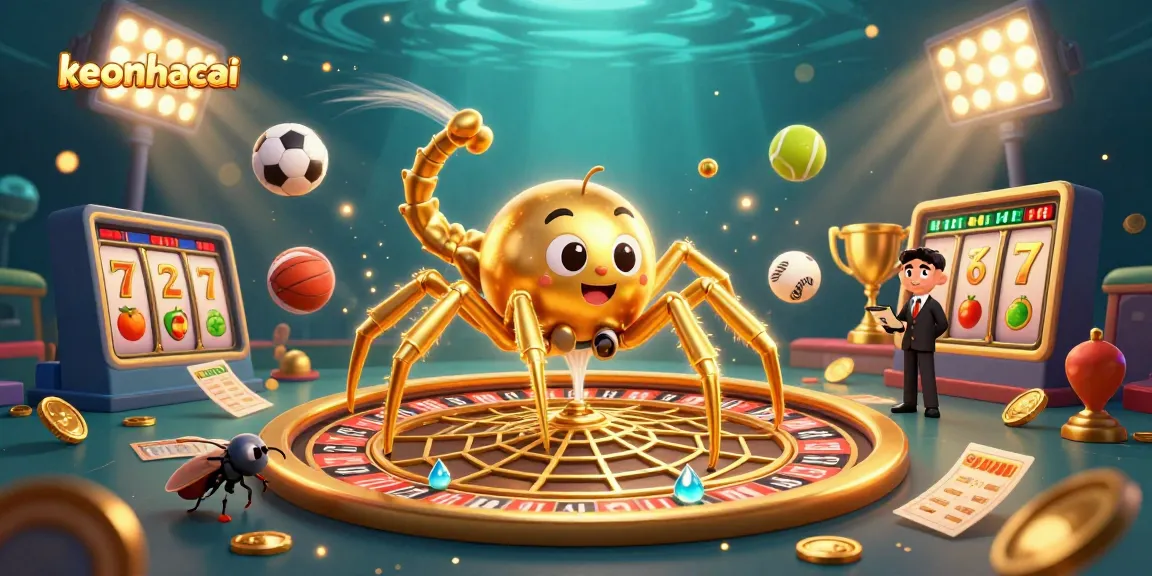 Experience the thrill of keonhacai as a golden spider spins a roulette wheel web in a vibrant casino scene.