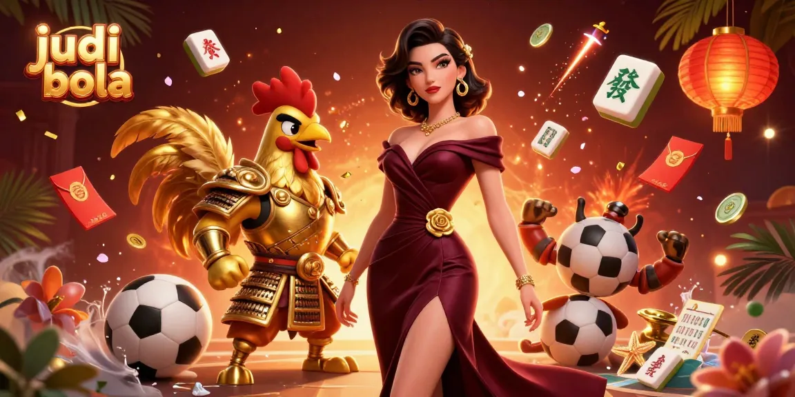 Bet on judi bola with a glamorous woman and a golden rooster warrior amidst vibrant casino elements.