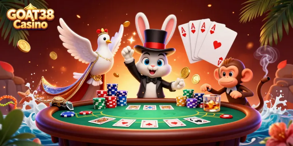 Experience the excitement of GOAT38 Casino with a vibrant, engaging 3D illustration of a magician rabbit, assistant dove, and monkey.