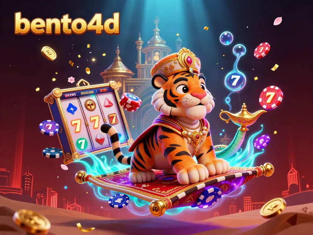 Experience thrilling slots action with bento4d in this vibrant 3D casino-themed illustration featuring an Arabian Nights sultan.