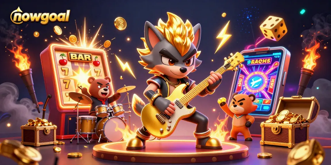 nowgoal showcases an exciting casino atmosphere with a rock star wolf and vibrant gambling elements.