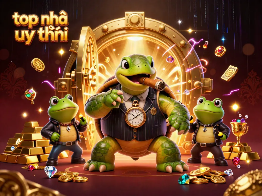 Engage with top nhà cái uy tín through a vivid casino scene featuring a turtle mobster and frog enforcers.