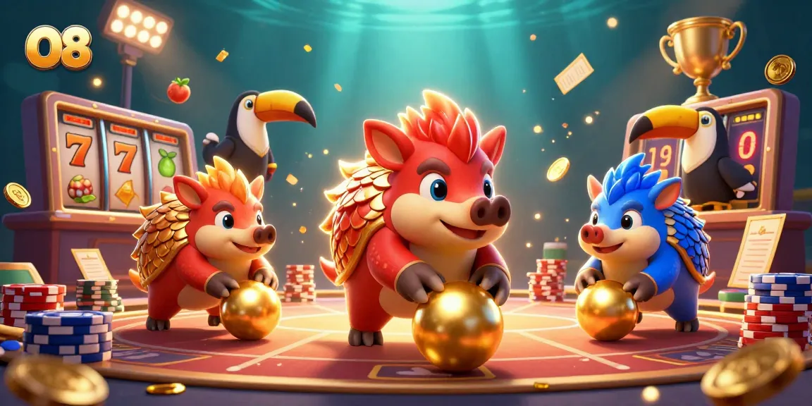 O8 pangolins celebrate wins in a vibrant casino scene with poker chips and slot reels.