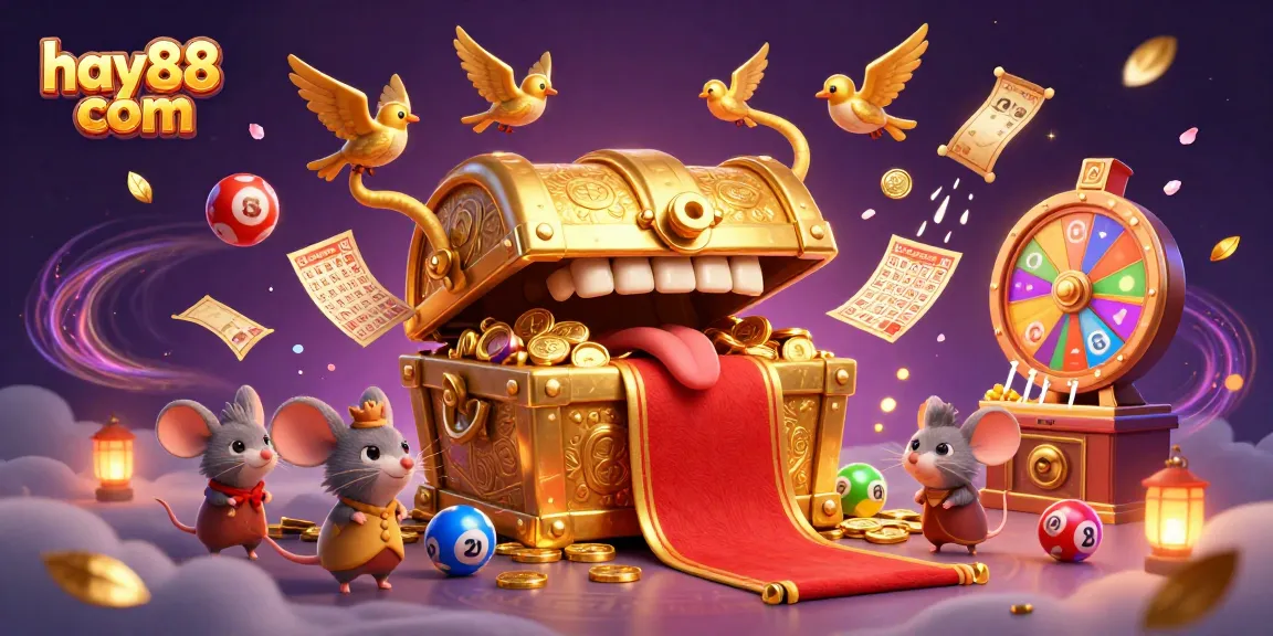 Engage with exciting gameplay on hay88 com featuring animated lottery balls and a treasure chest illustration.