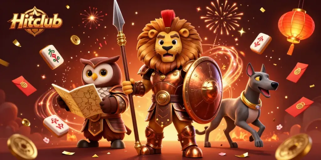 Experience thrilling wins at Hitclub with a bold lion guarding golden treasures amidst vibrant casino excitement.