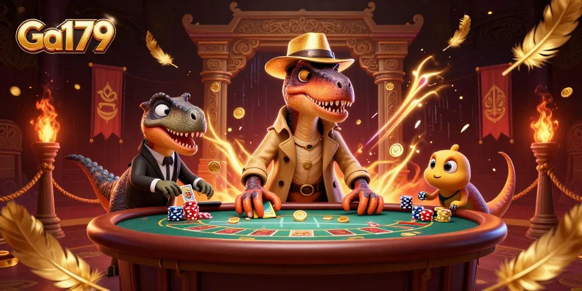 Ga179 showcases a velociraptor card counter at a blackjack table amid a thrilling casino scene.