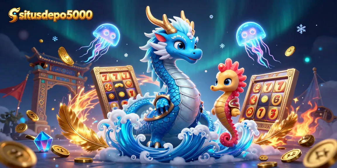 Engage with situsdepo5000 featuring a vibrant scene of a majestic water dragon and a seahorse knight in a dynamic slot game setting.
