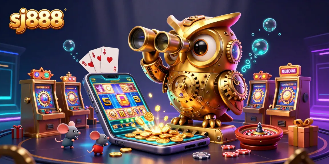 Experience sj888's vibrant casino floor with golden owl and lively gaming elements.