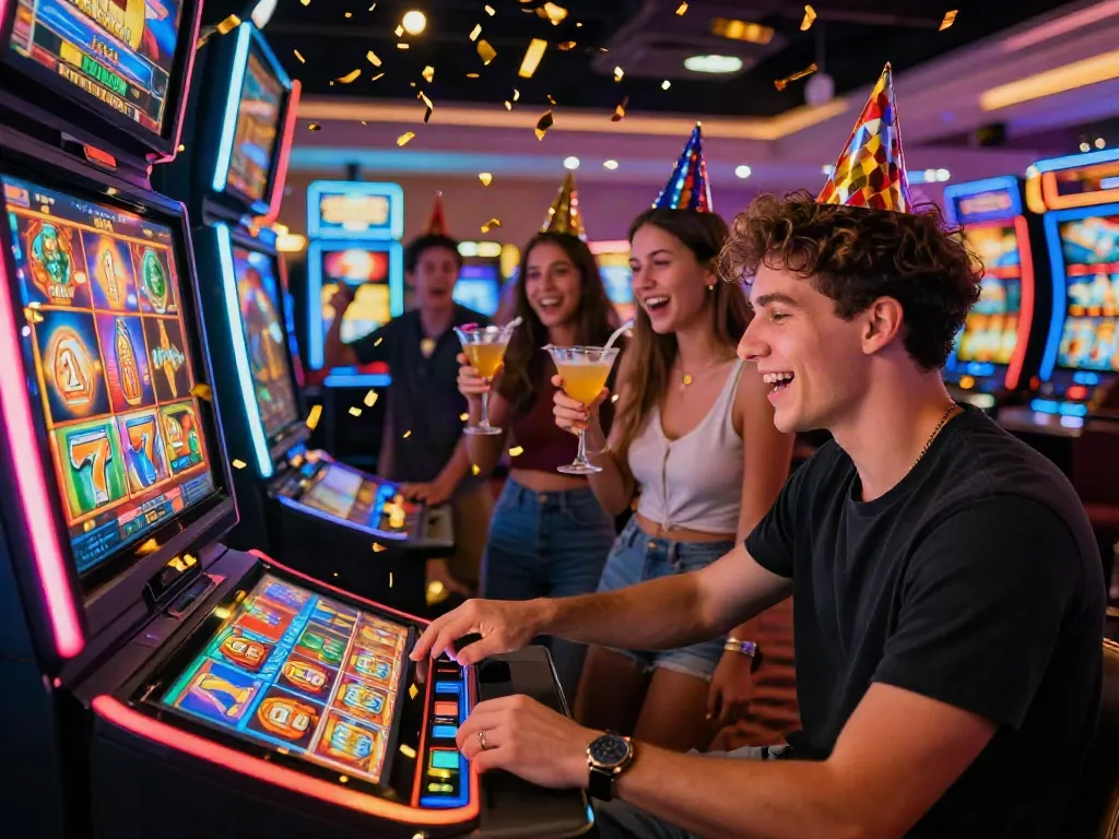 Excited player celebrating a jackpot win on the Lucky777 slot machine in a vibrant casino atmosphere.