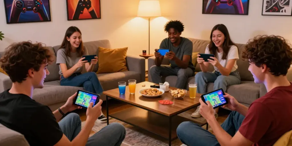 Friends playing yono games on mobile devices in a cozy living room.