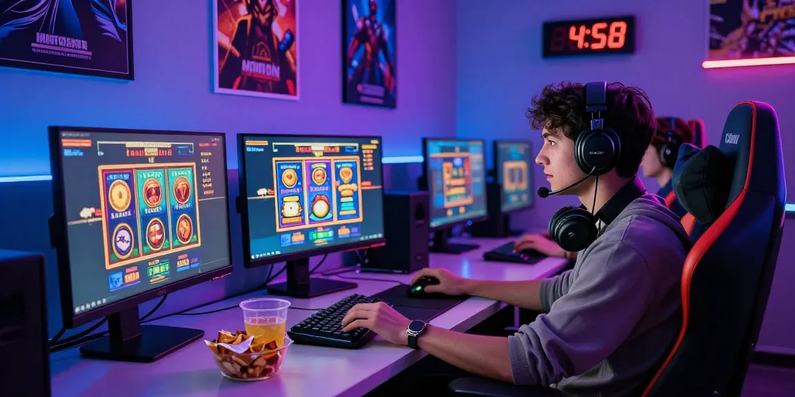 Dynamic gaming setup showcasing Link Alternatif Cemeslot and colorful slot games in a modern studio.