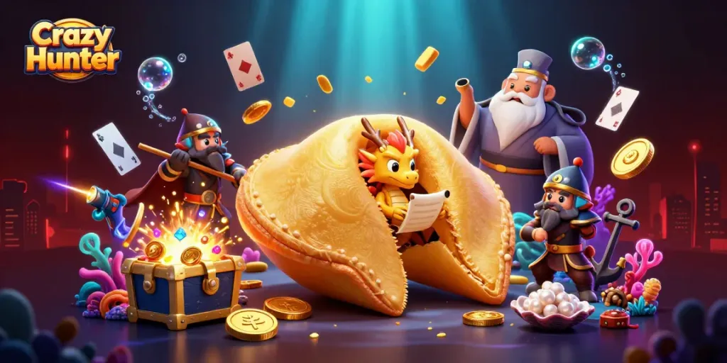 ภาพการ์ตูนสุดระเอียดของ Crazy Hunter ที่มีเกมสล็อตหมุนโชคลาภและมังกรผู้เฒ่าอยู่ในฉาก