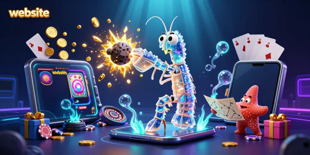 Mengalami kegembiraan bermain slot di website kasino dengan karakter galactic mantis shrimp dan smartphone.