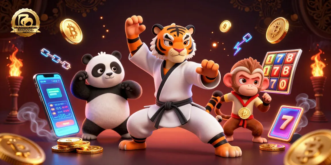 Engage with trusted online casino Malaysia in a vibrant 3D illustration featuring a kung fu tiger, slots, and crypto elements.