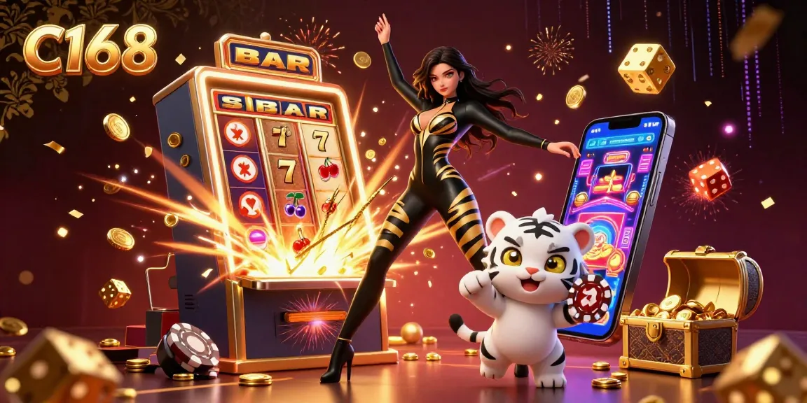 Experience C168's thrilling casino action with a stunning woman and a playful tiger amidst a jackpot explosion.