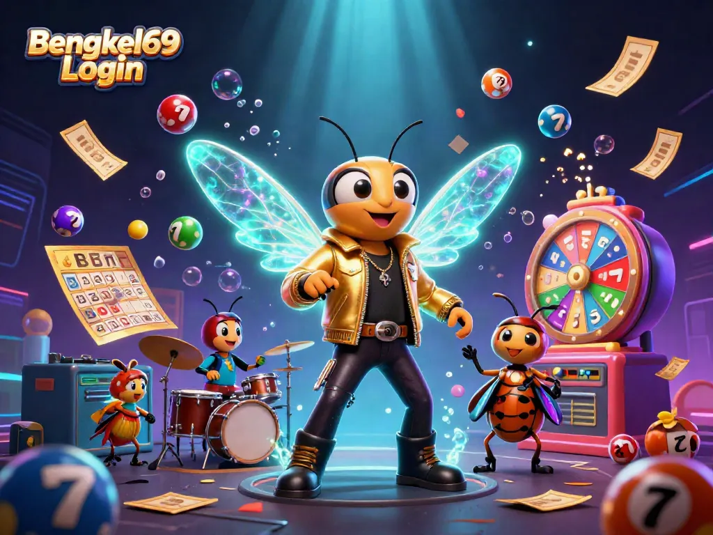 Experience a vibrant scene with the Bengkel69 Login showcasing a cicada rock star and dynamic casino elements.