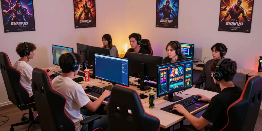 Engaging akunjp gaming experience with diverse friends around a stylish setup.