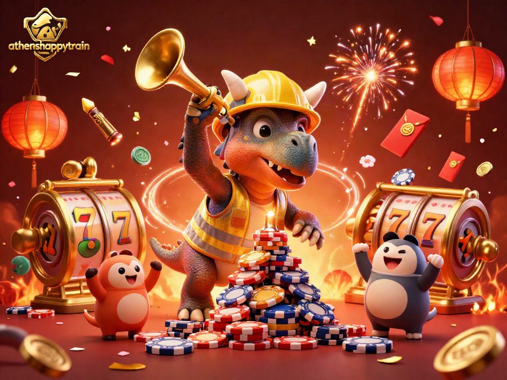 Celebrate wins with athenshappytrain featuring a triceratops and casino elements.