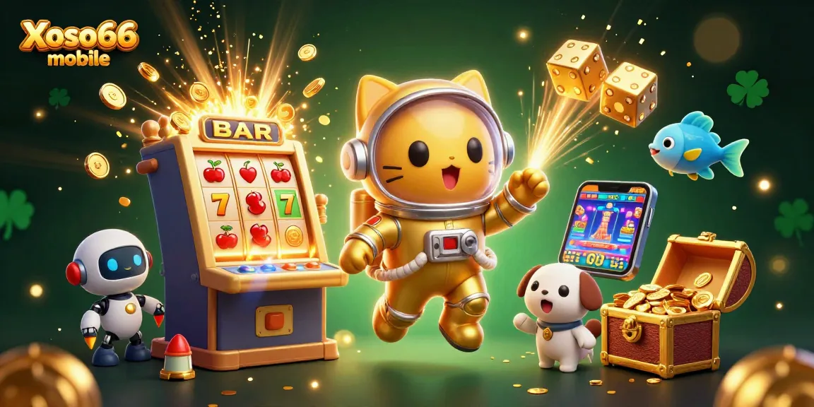Win big with Xoso66 mobile as the cartoon astronaut cat and robot dog explore a vibrant casino scene.