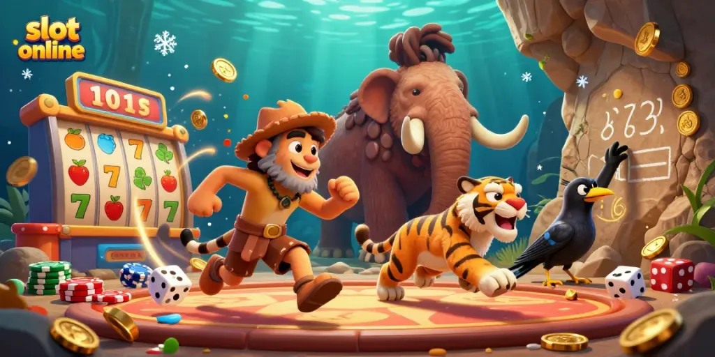 Experience thrilling gameplay at slot online with a unique 3D illustration of a casino scene featuring vibrant characters.