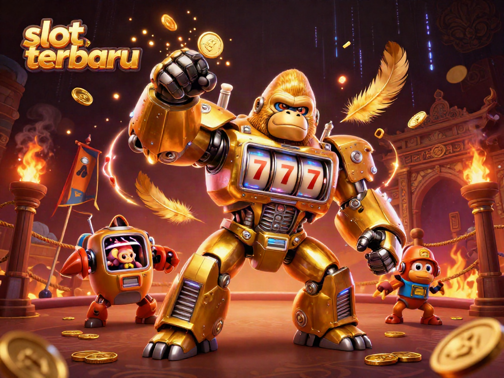 Engage with slot terbaru action in a vibrant 3D scene of a golden gorilla mech amidst dynamic casino elements.