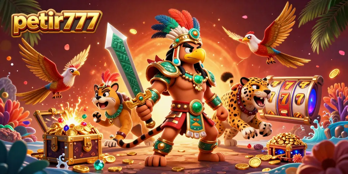 Experience the excitement of petir777 with a vibrant 3D casino scene featuring slot games, golden treasures, and energetic characters.