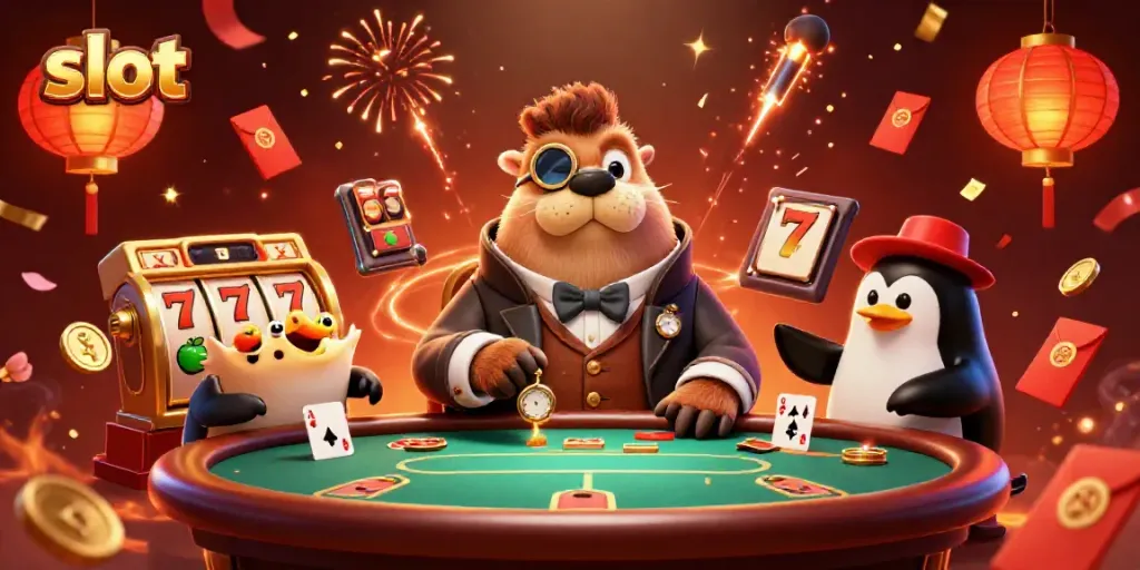 Pemain slot merayakan kemenangan dengan karakter ceria di meja kasino