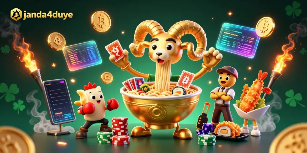 Mainkan pengalaman kasino online di janda4duye dengan karakter unik dalam ilustrasi 3D.