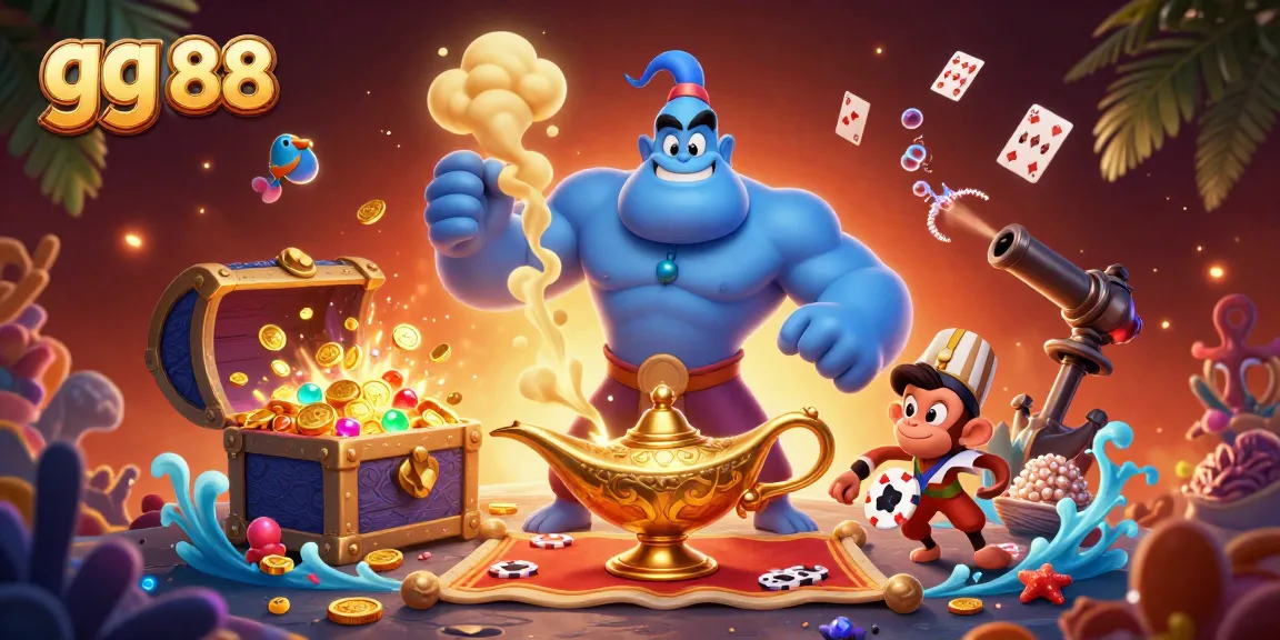 Experience gg 88 with the animated genie and treasures in this vibrant casino scene.