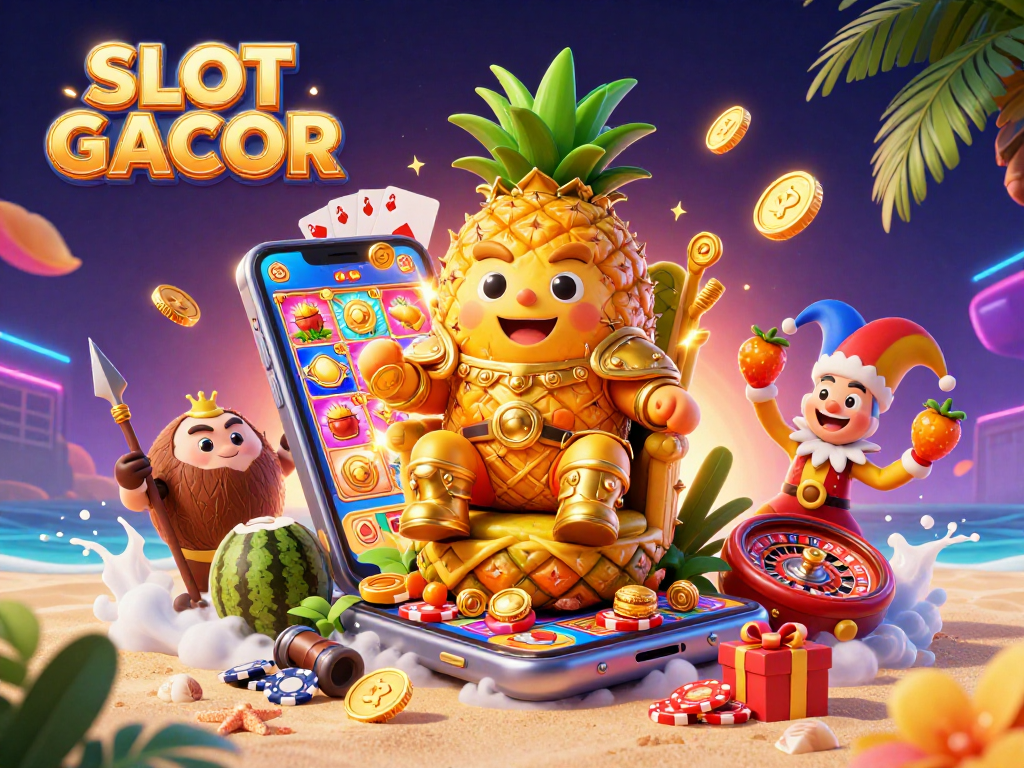 SLOT GACOR brings action with a golden pineapple king, coconut guards, and vibrant gambling elements in a dynamic beach casino scene.