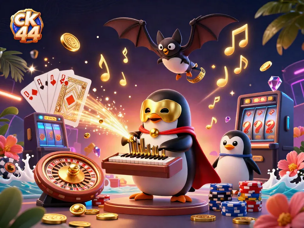 Experience the thrill of ck 44 with a vibrant 3D illustration of a casino scene filled with action and excitement.