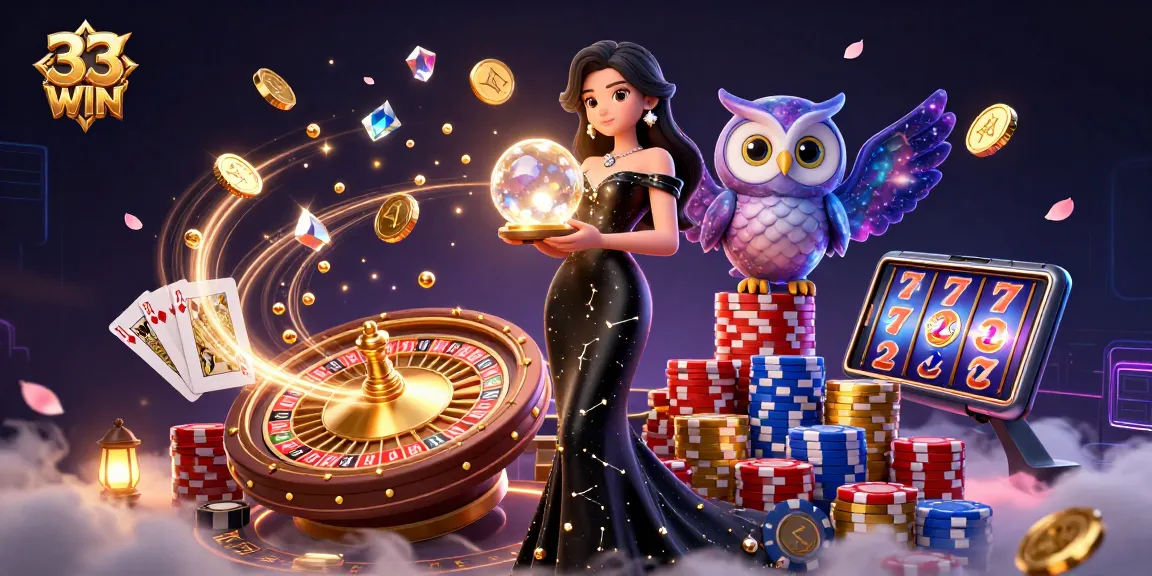 Experience thrilling gambling excitement with vibrant 33 WIN scenes filled with coins and cards.