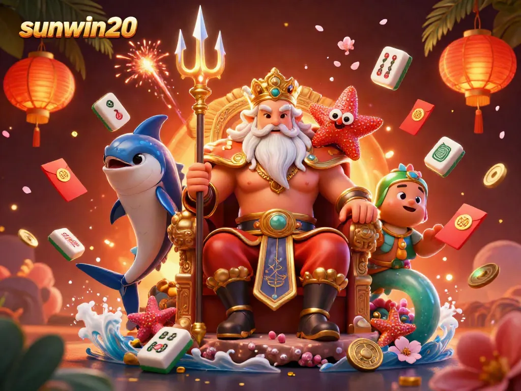 Engage in thrilling games at sunwin20 with 3D illustrated Neptune and samurai, showcasing dynamic casino elements.